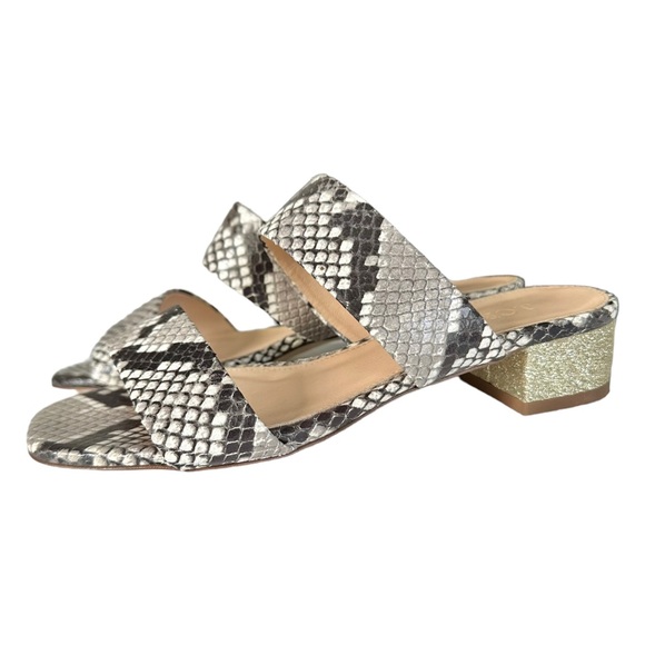J. Crew Double-Strap Leather Slides In Faux Snakeskin Fold Glitter Heel Size 5 - Picture 8 of 10